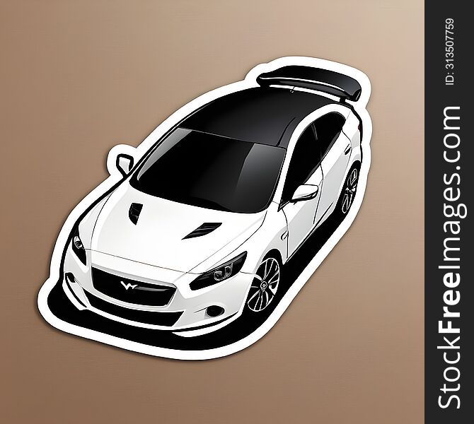 A stylish sticker featuring a sleek white car with black detailing, capturing the essence of speed and elegance.