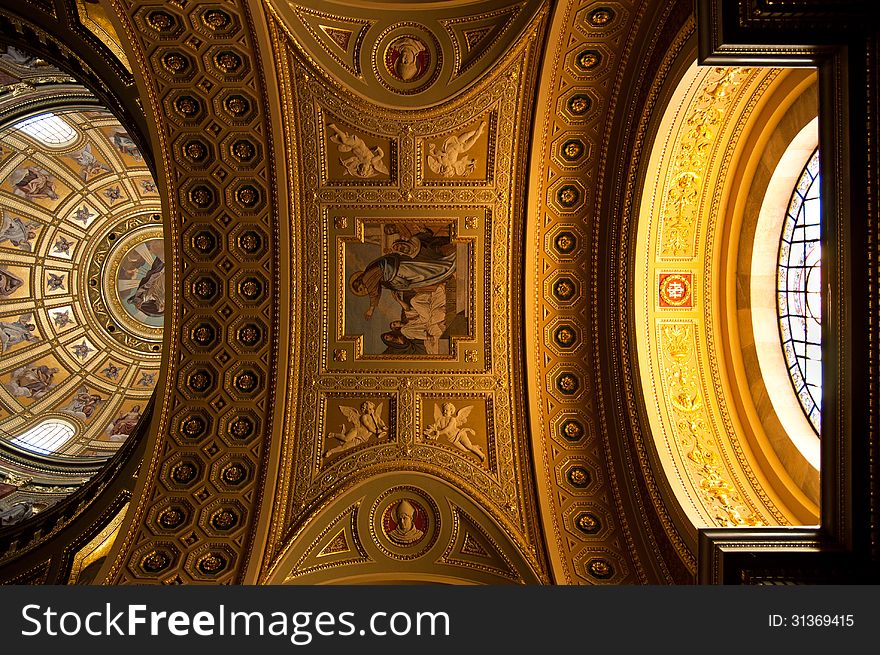 Illuminated ceiling of cupola in basilica of St. Stephen in Budapest. Illuminated ceiling of cupola in basilica of St. Stephen in Budapest