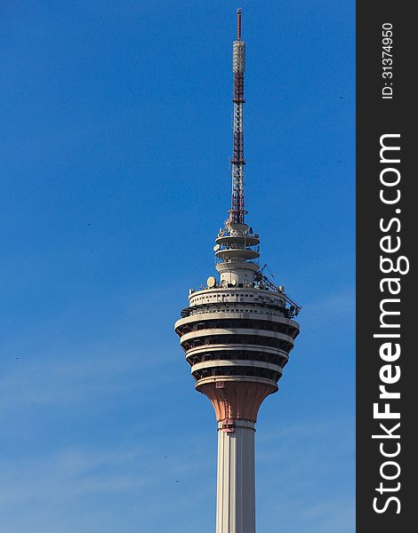 A view of KL telecommunications tower where a revolving restaurant is located at one of the tower levels. A view of KL telecommunications tower where a revolving restaurant is located at one of the tower levels.