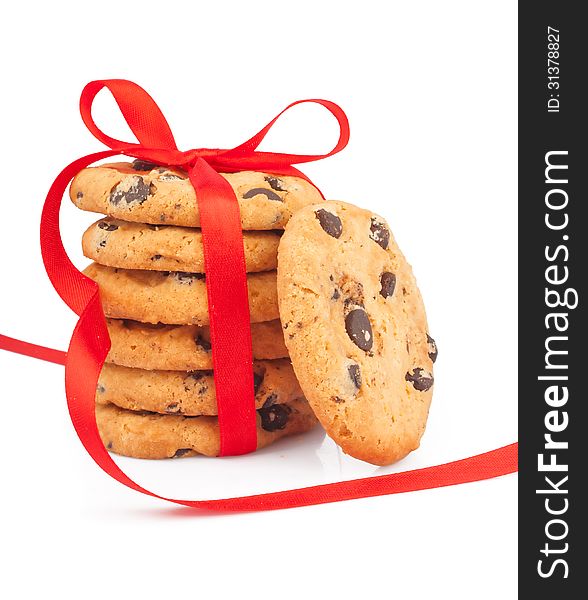 Stack of delicious cookies with chocolate chips & ribbon, food photos. Stack of delicious cookies with chocolate chips & ribbon, food photos