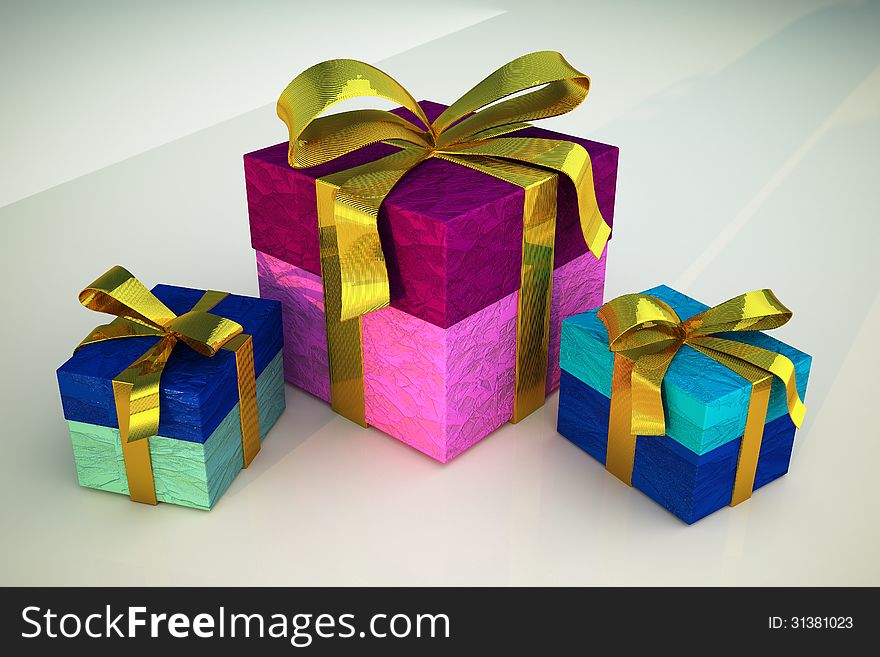 Three gifts with golden ribbons