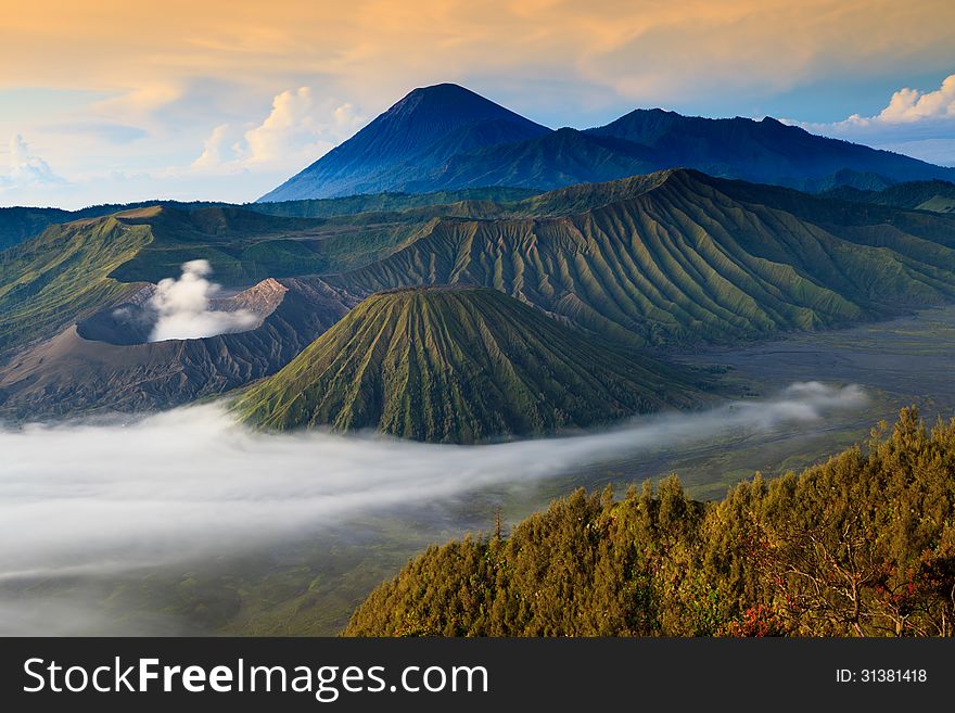 Bromo Mountain in Tengger Semeru National Park at sunrise, East Java, Indonesia