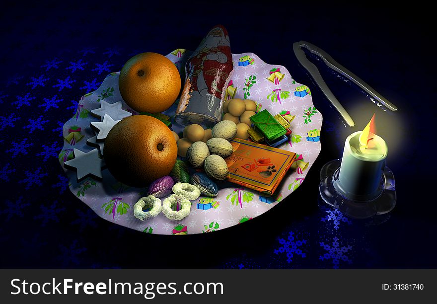Decorated Christmas dish with fruit and sweets, beside a candle