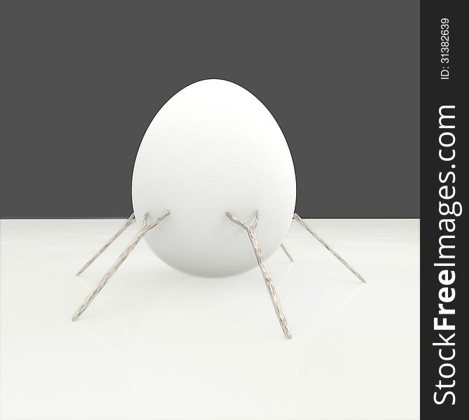 Conceptual image with one standing vertical egg supported by small sticks. Conceptual image with one standing vertical egg supported by small sticks