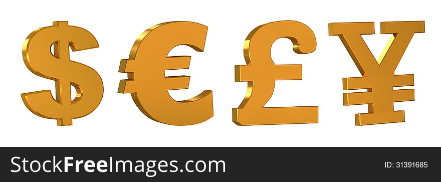 Golden emblem currencies in the world on a white background. Golden emblem currencies in the world on a white background