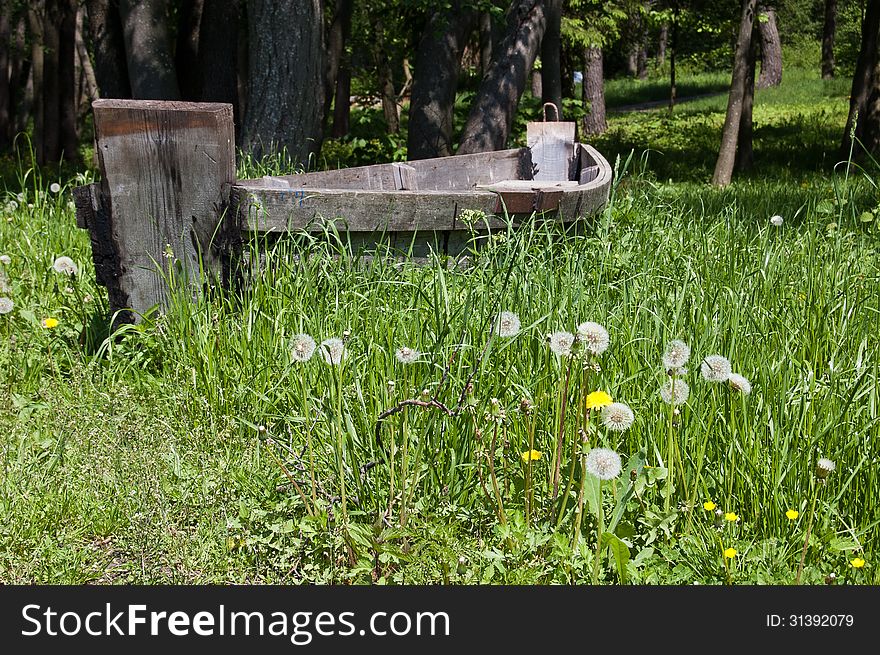Old wooden boat on the grass with dandelions