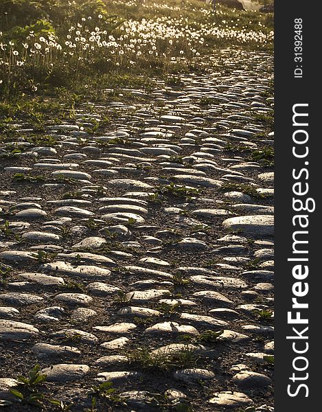 Stone pavement illuminated by the evening sun. Macro. Stone pavement illuminated by the evening sun. Macro