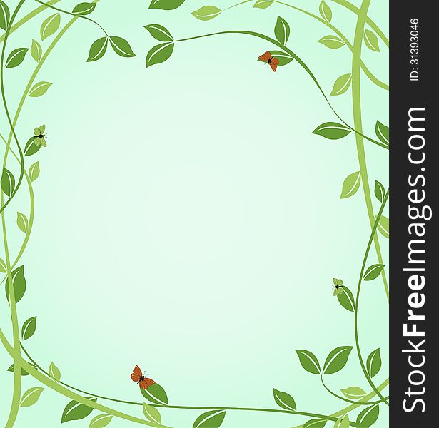 Floral green background with butterflies on leaves