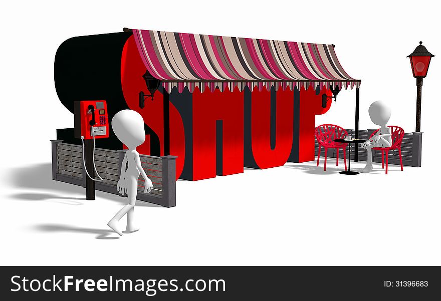 Illustration of abstract 3d shop with person walking and another sat outside, white background. Illustration of abstract 3d shop with person walking and another sat outside, white background.