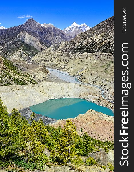 Himalayas mountain peaks and lake in the foreground