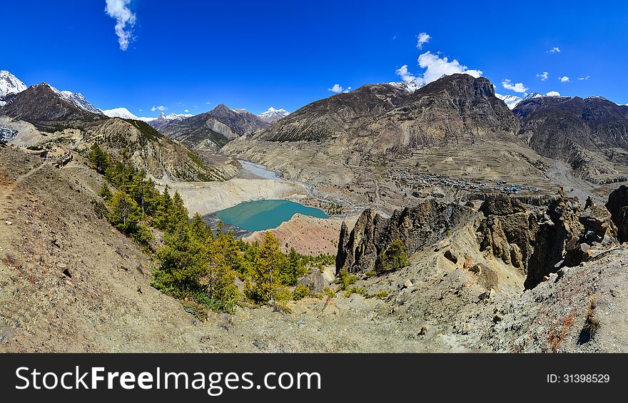 Himalayas Mountain Range Panorama With Village