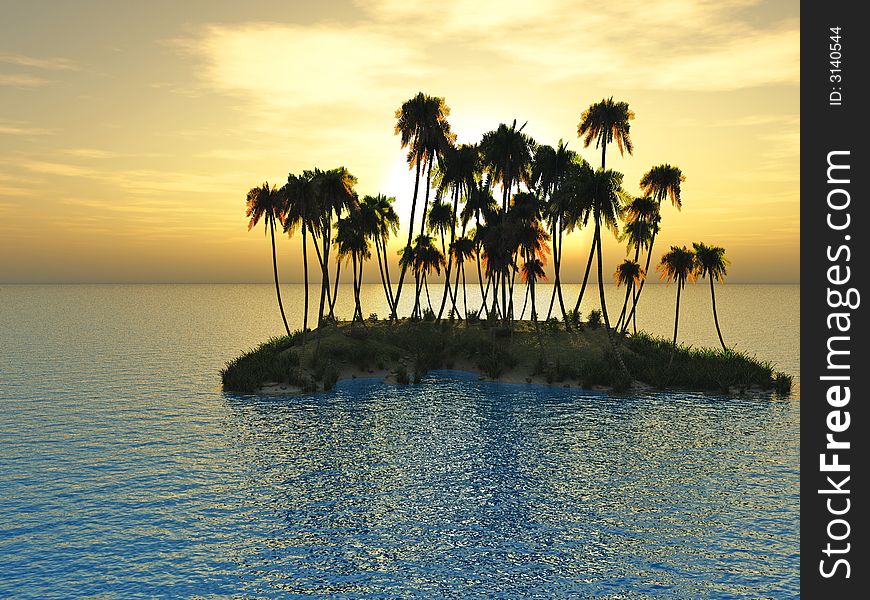 Sunset coconut palm trees on small island - 3d illustration.