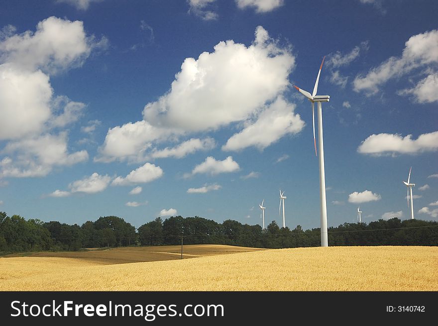 Windmills on the field during sunny day