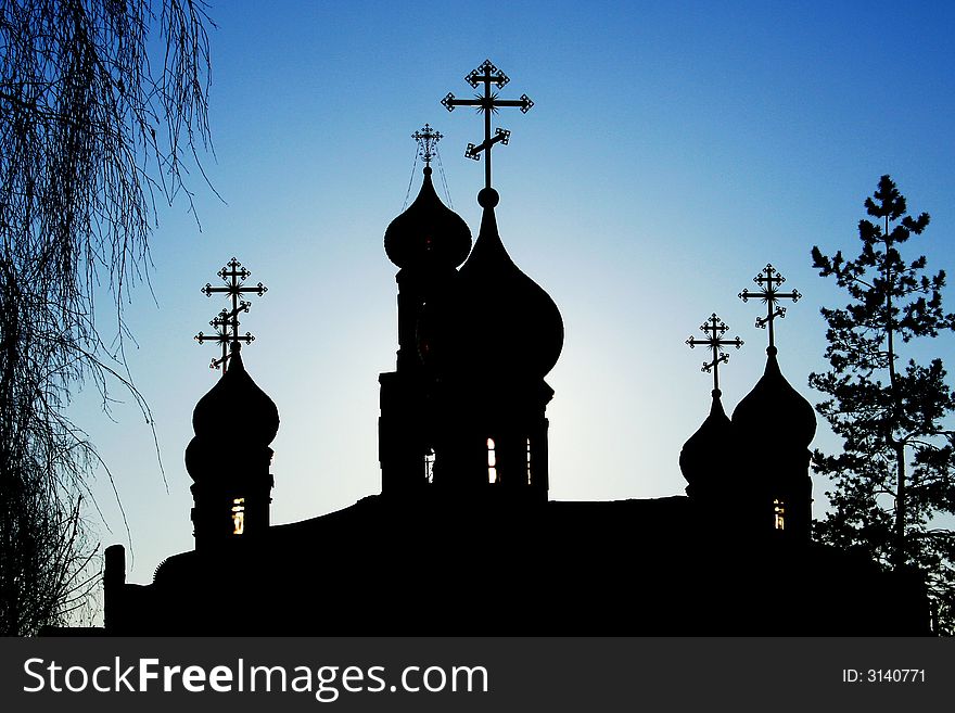 Silhouette of orthodox church. Cupolas.