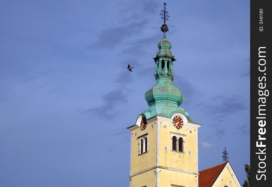 Old medieval yellow church tower in Samobor, Croatia