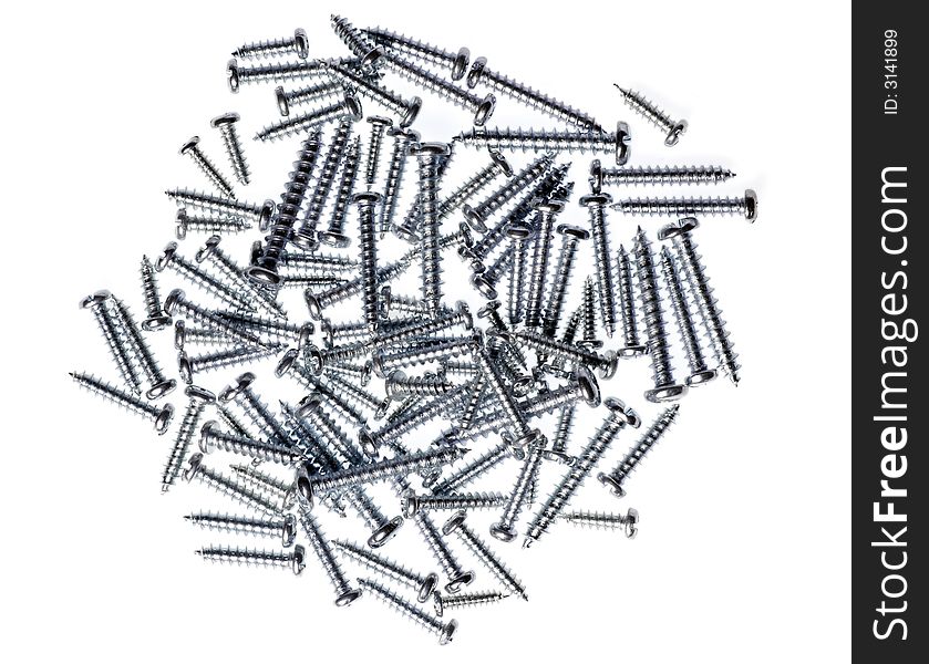 Many Spiral Metal Screws On A White Background