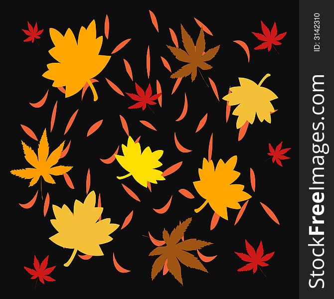 Bright autumn leaves scattered on black background. Bright autumn leaves scattered on black background