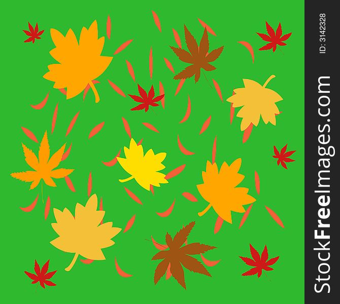 Bright autumn leaves scattered on green background. Bright autumn leaves scattered on green background