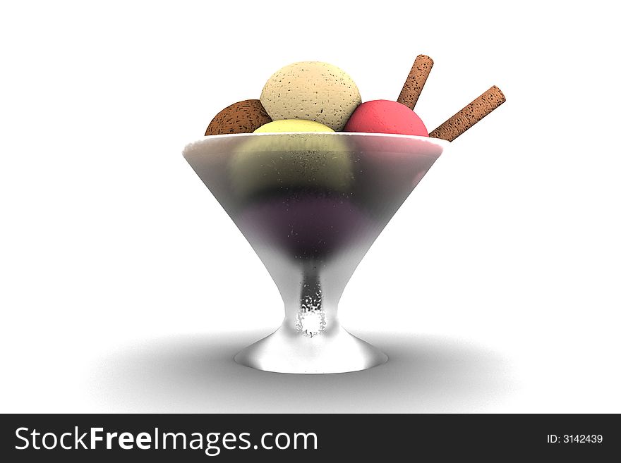 Ice cream in glass cup on white