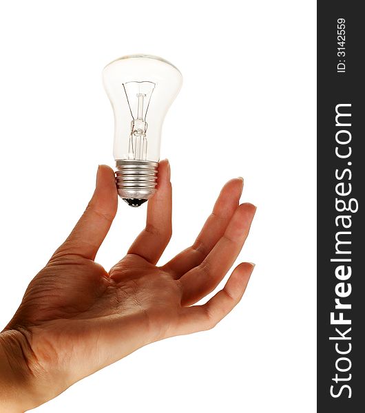 Bulb in woman`s hand on white background