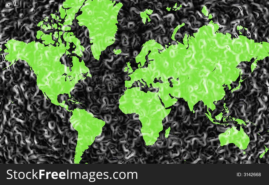 An abstract map of the world with a frosted green appearance. An abstract map of the world with a frosted green appearance.