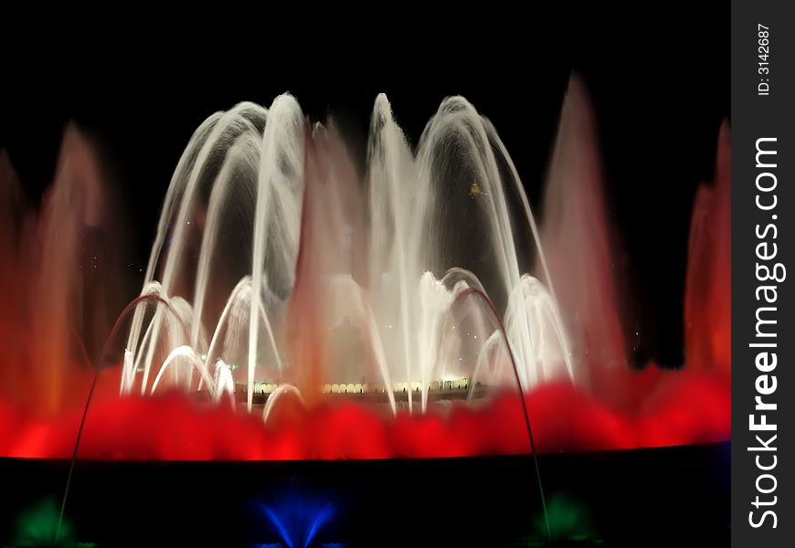 A fountain and light display in Barcelona, Spain.