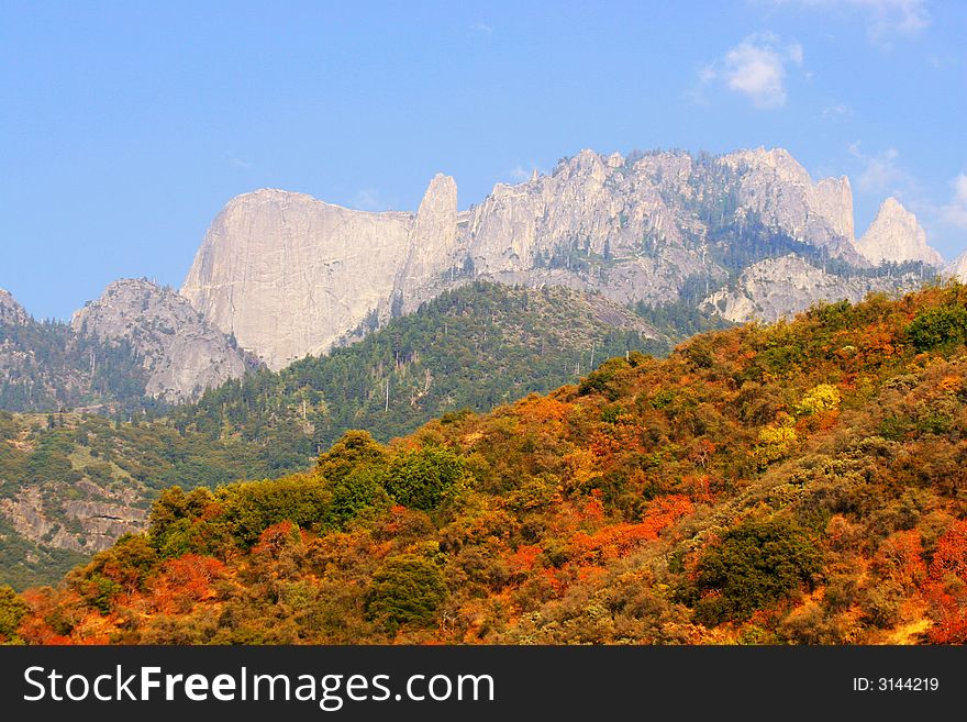 Sunlit Mountain Top with Colorful Foliage