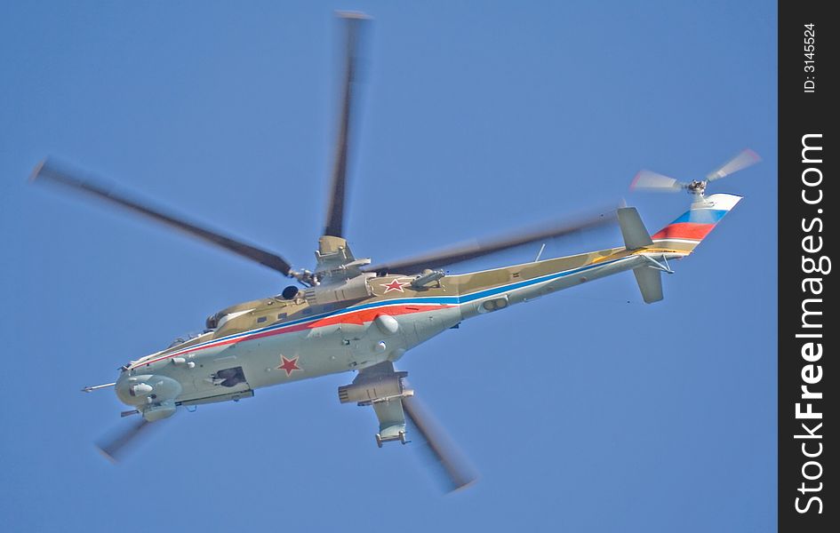 MI-24 combat helicopter. Fly-past at 95th anniversary of Russian Air Force. 11 August 2007. MI-24 combat helicopter. Fly-past at 95th anniversary of Russian Air Force. 11 August 2007