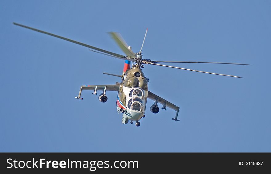 MI-24 combat helicopter. Fly-past at 95th anniversary of Russian Air Force. 11 August 2007. MI-24 combat helicopter. Fly-past at 95th anniversary of Russian Air Force. 11 August 2007