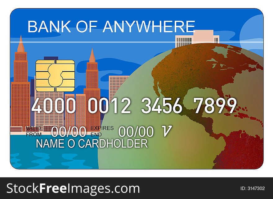 Vector illustration of a Credit card with skyscrapers and globe. Vector illustration of a Credit card with skyscrapers and globe