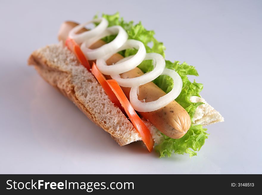 Frankfurter hot dog with vegetable, tomato and onion ring