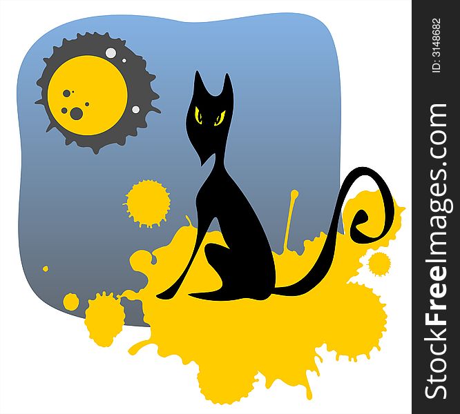 The black stylized cat on a background of the night sky, the moon and yellow grunge spots. The black stylized cat on a background of the night sky, the moon and yellow grunge spots.