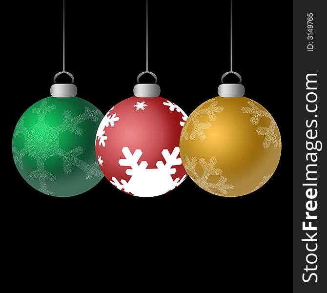 Three shiny Christmas ornaments in red, green, and gold with snowflakes against black background. Three shiny Christmas ornaments in red, green, and gold with snowflakes against black background.