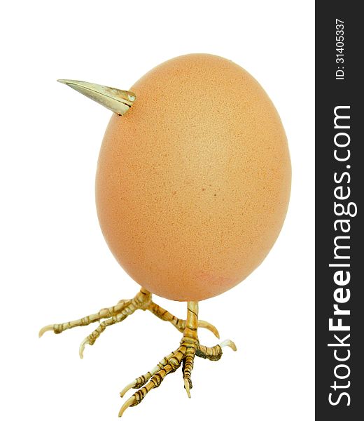 Chicken egg as bird with beak and legs isolated on white