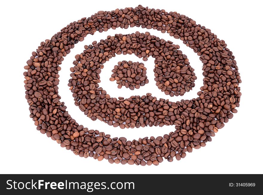 The @ symbol made â€‹â€‹from coffee beans isolated on white