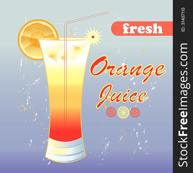 Bright tasty orange juice in a glass on a blue background