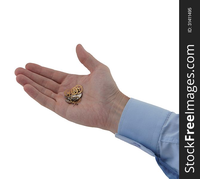 Man's hand gives gears isolated on white. Man's hand gives gears isolated on white