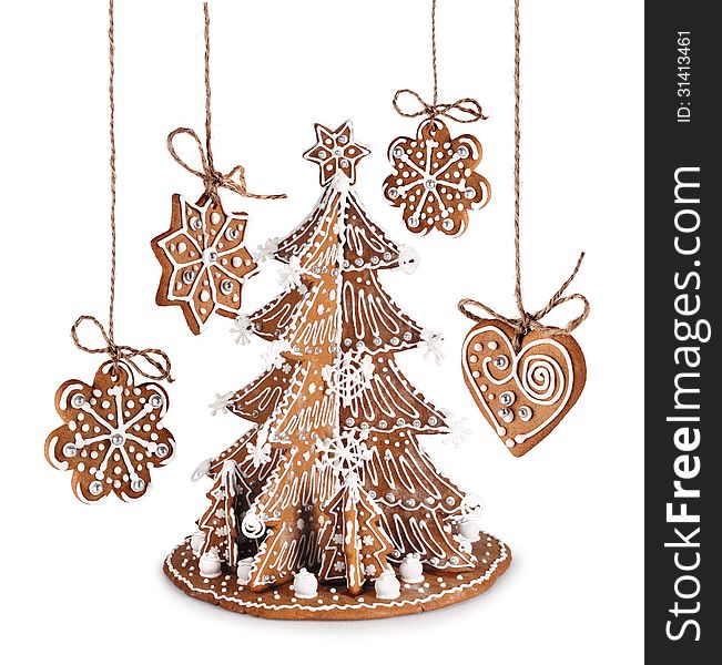 Decorative Gingerbread Christmas tree, star, heart with sugar icing. Decorative Gingerbread Christmas tree, star, heart with sugar icing