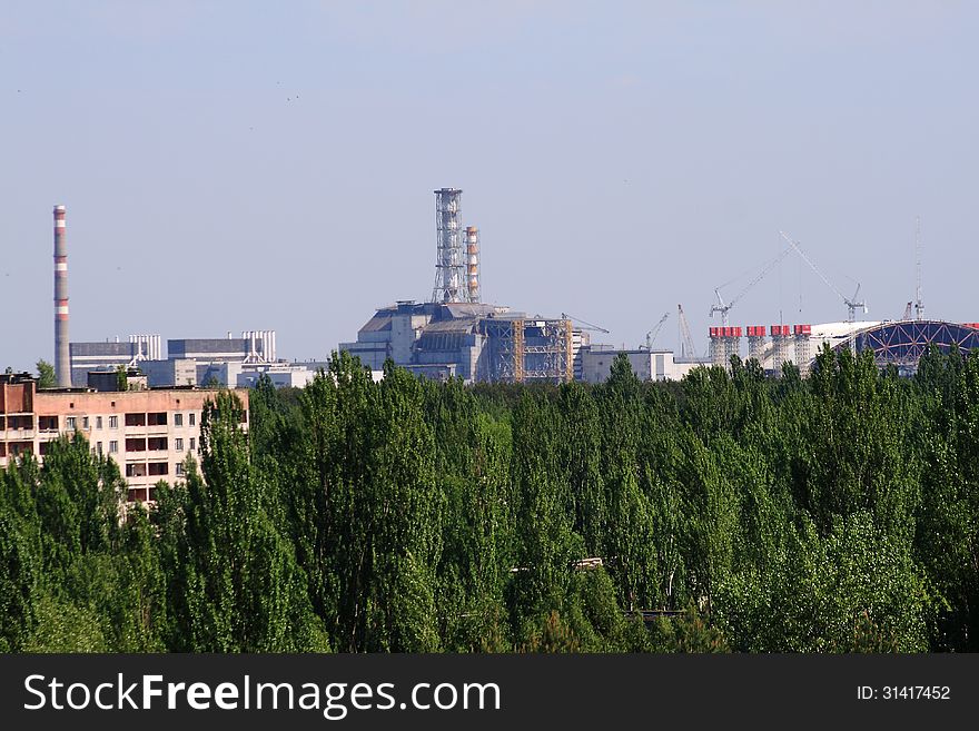 Pripyat city and Chernobyl Nuclear Power Plant view