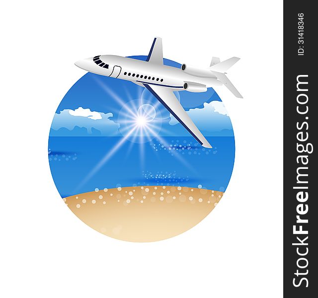 Illustration beautiful summer postcard with beach and plane - vector