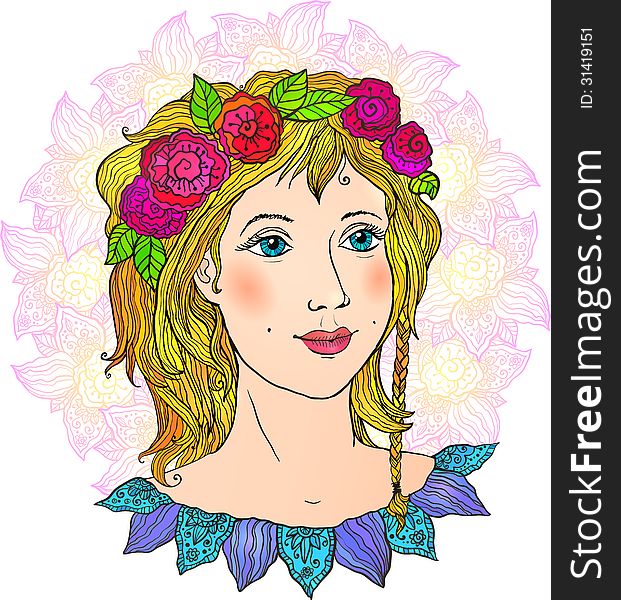 Pretty girl hand-drawn vector face in flowers. This is file of EPS10 format.