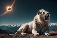 Solar Eclipse And Lion On Mountain Stock Image