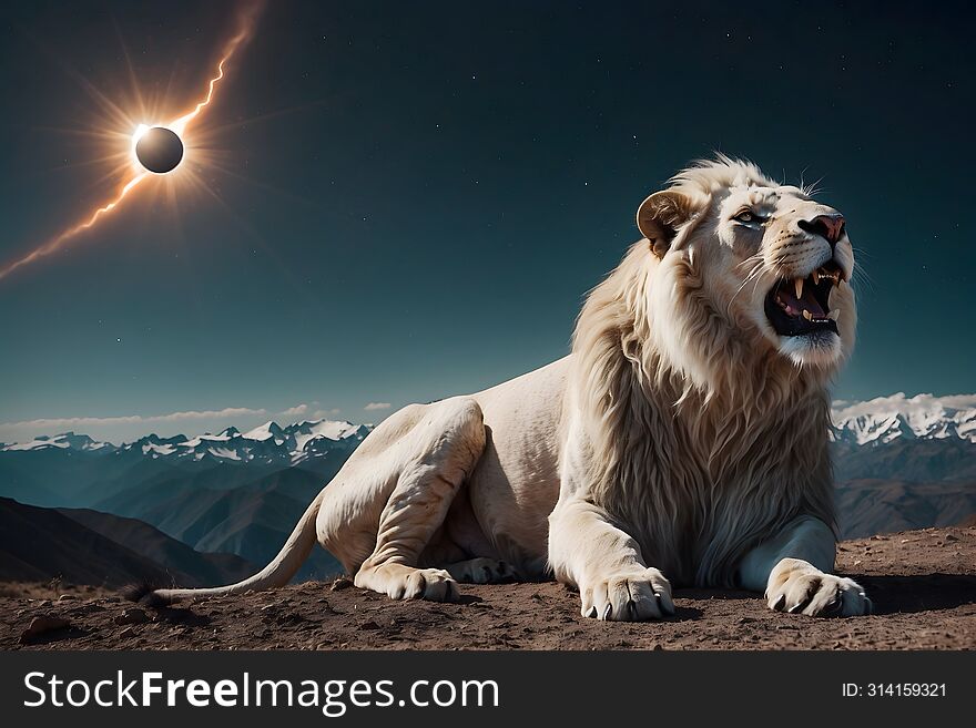 Solar eclipse and lion on mountain