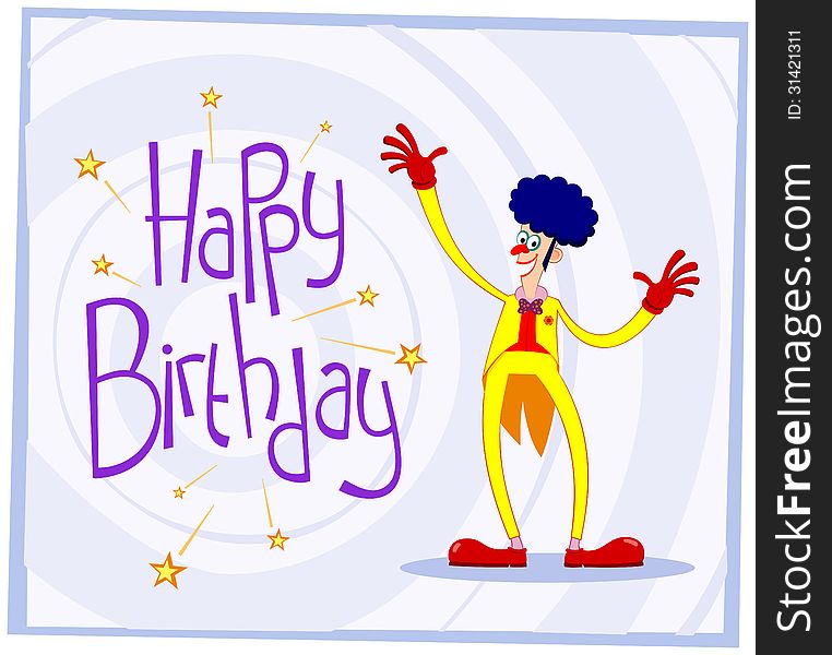 Skinny afro clown wearing colorfull costume giving a happy birthday greeting. Skinny afro clown wearing colorfull costume giving a happy birthday greeting