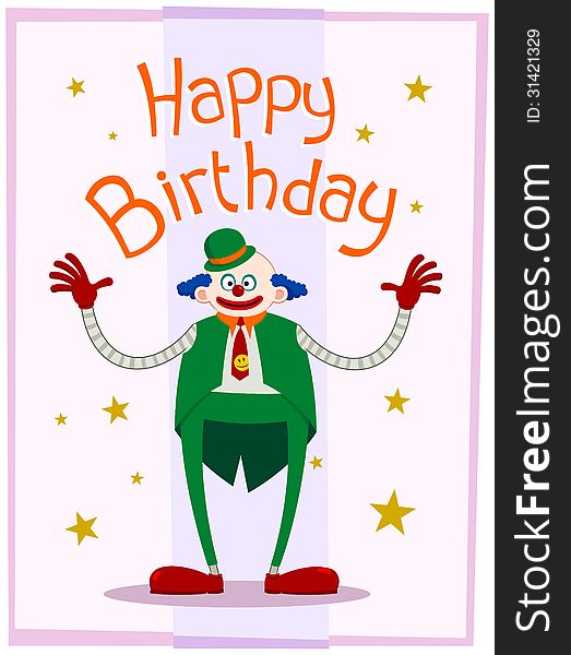 Fat clown wearing colorfull costume giving a happy birthday greeting. Fat clown wearing colorfull costume giving a happy birthday greeting