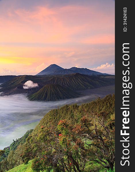 Bromo Mountain in Tengger Semeru National Park at sunrise