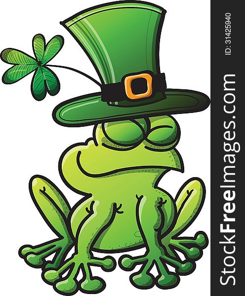 St Patricks Day frog wearing a green hat with a shamrock while posing and smiling. St Patricks Day frog wearing a green hat with a shamrock while posing and smiling