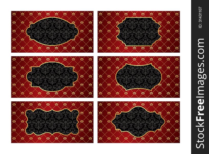 Set of vintage golden black labels with red damask background. Set of vintage golden black labels with red damask background