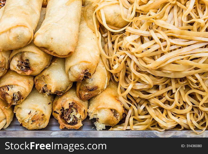 Close up of spring rolls and noodles at Khao San Road in bangkom, Thailand. Close up of spring rolls and noodles at Khao San Road in bangkom, Thailand.