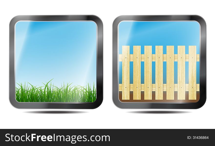 New set of modern buttons with green grass and wooden fence. New set of modern buttons with green grass and wooden fence